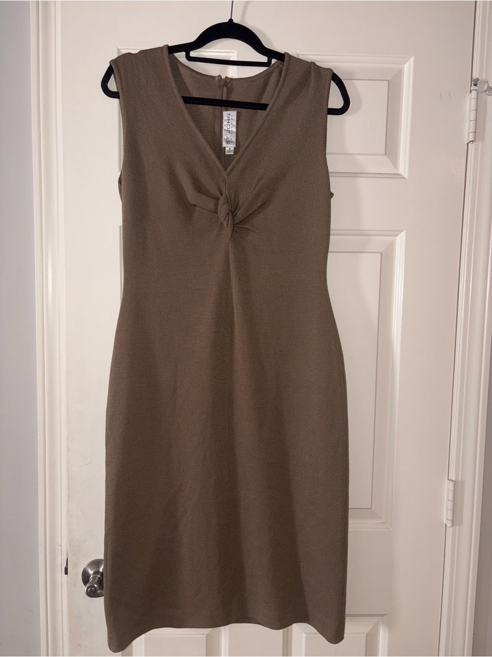 St. John Collection Taupe Knot-Front Sleeveless Midi Dress